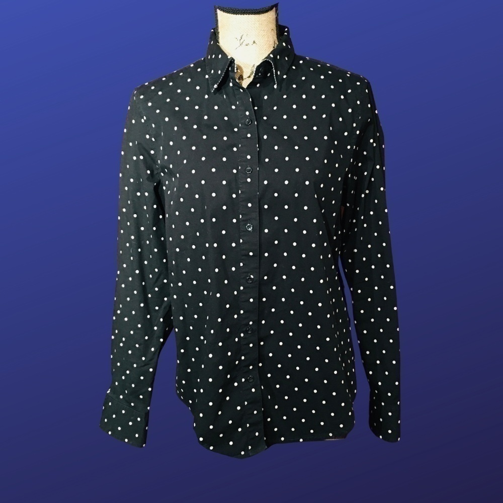 𝅺jones NEW YORK COLLECTION Black/White Polka dot Button-down Shirt, Size Large